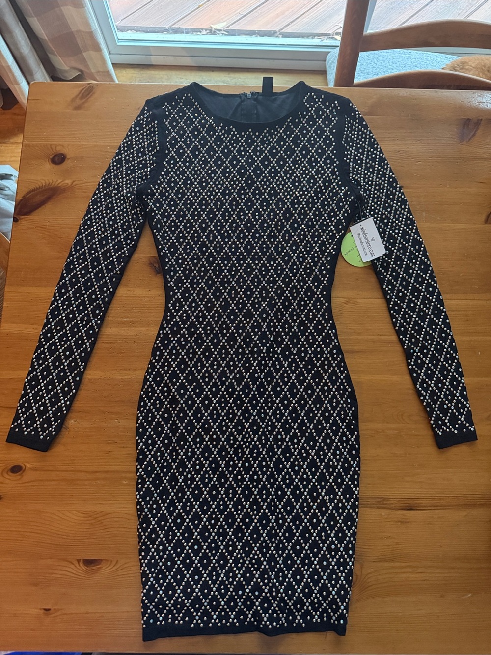 Black Long Sleeve Windsor Body Con Dress with studs and rhinestones